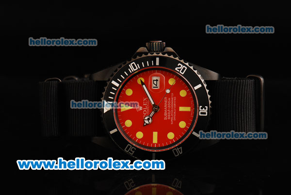 Rolex Submariner Automatic Movement PVD Case with Red Dial - Yellow Markers and Black Nylon Strap - Click Image to Close
